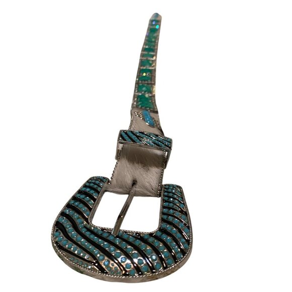 BHW Unisex Belt Leather Cowhide Turquoise Rhinestone Silver XL 41L Western Bling - Picture 8 of 9